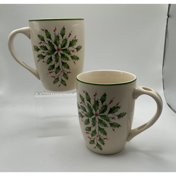Lenox Holiday American By Design Mug Cup Coffee Tea Cocoa Holly Berries Set Of 2 - Picture 1 of 9